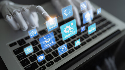 Wall Mural - Artificial intelligence automates the software update process for system maintenance. AI ensures timely patches and security, enhancing the reliability of every software update. Entice