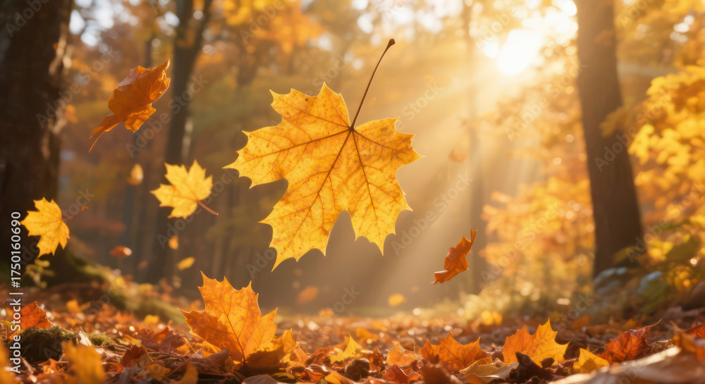 Maple Tree Forest In Fall Beautiful autumn forest with golden maple leaves falling through ...