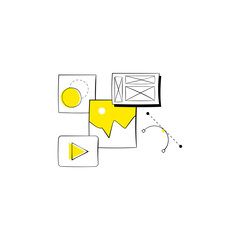 Abstract geometric design with yellow shapes and wireframe elements on a white background conveying a sense of digital interface and conceptual art