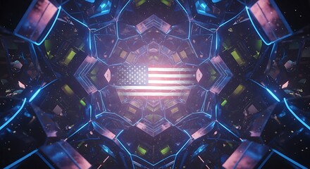 Canvas Print - Abstract USA Flag Kaleidoscope With Neon Lights USA flag