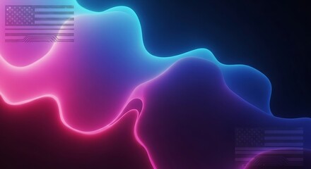 Canvas Print - Neon Wave Forms with American Flags abstract glowing