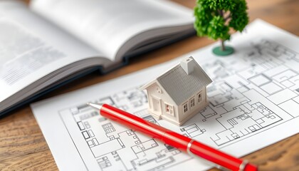 Miniature house model, architectural blueprints, open book, and pen on a wooden surface, representing real estate.