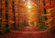 © methinee - A picturesque autumn scene features vibrant red, orange, and golden leaves blanketing a winding forest path. Sunlight filters through the canopy ,season ,seasonal ,tree