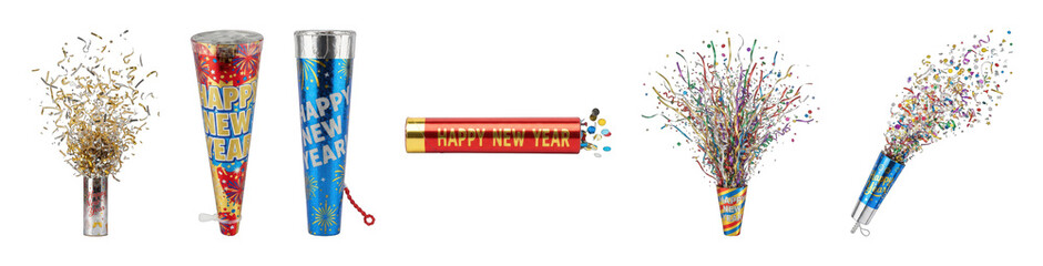 Celebration confetti popper and party cracker set including exploding and un-exploded elements isolated. Festive New Year event essentials.