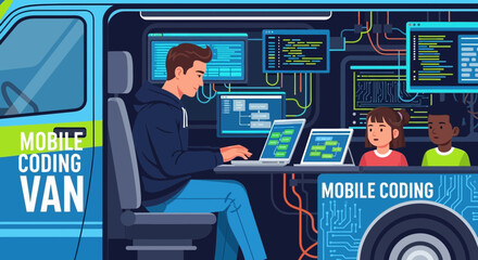 Mobile coding van concept with programmer teaching young students in a technological vehicle