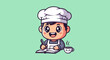 © fast - Cartoon chef with hat, apron, writing in book, next to smiling cup