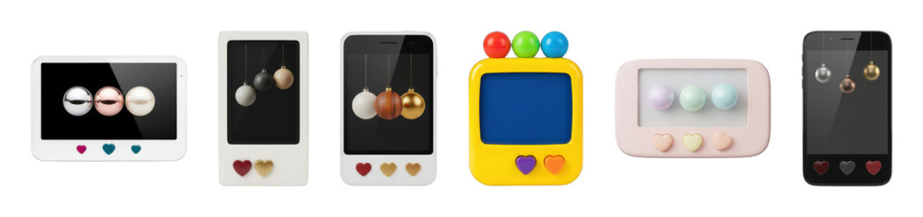 Mobile device set including various smartphones, tablets, and creative gadgets with festive ornaments and heart buttons isolated. Digital design and holiday concepts.