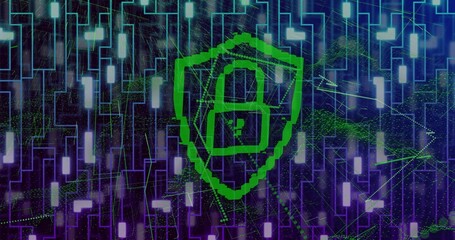 Wall Mural - Pulsing green shield padlock icon protecting virtual data grid, with network lines and data nodes