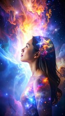 Wall Mural - Abstract woman with galaxy nebula and cosmic stars concept, dreams and aspiration for universe exploration and imagination