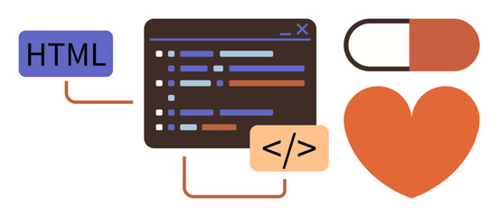 Coding interface with HTML snippet, pill capsule, and heart icon linking programming to digital health. Ideal for technology, innovation, healthcare, programming, medicine, wellness and research