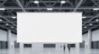© Djemari - A large blank white projection screen hangs inside a spacious, modern exhibition hall.