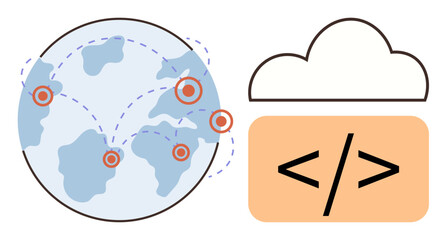 Globe with nodes connected by dotted lines, paired with cloud and coding tag. Ideal for technology, coding, networking, cloud computing, global teamwork, web development, digital transformation