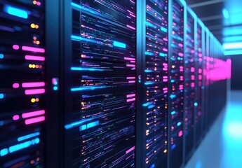 Wall Mural - Futuristic AI data center corridor with pink and blue glowing servers, perfect for IT infrastructure visuals, cloud computing designs, and modern technology presentations