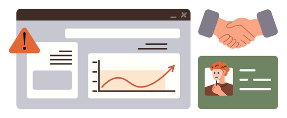 Web interface with data analytics chart, warning sign, handshake, and ID card. Ideal for teamwork, business growth, safety, identity management partnership performance transactions. Simple flat