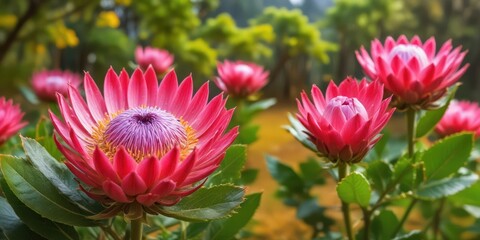 Wall Mural - Vibrant pink King Protea blooms in the lush greenery of a Cape Town botanical garden