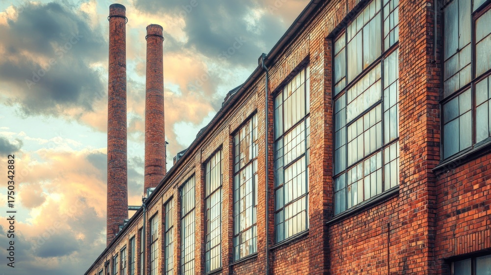 Exterior of an old brick factory with large windows and smokestacks ...