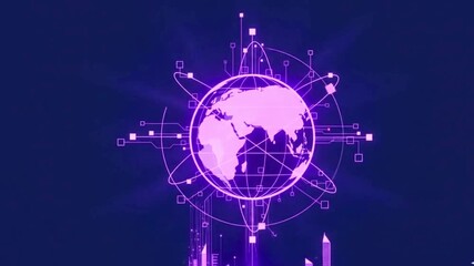Digital network concept showing global communication technology across the earth and world on a blue sphere map with data and internet business