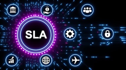 Service Level Agreement SLA concept with glowing neon circle and technology icons business