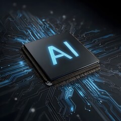 Futuristic AI chip glows on circuit board. Concept illustrates artificial intelligence, machine learning. Ideal for tech marketing, editorial, and web design.