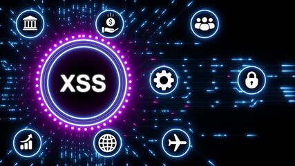 Cybersecurity XS Attack Concept with Digital Network and Icons Keywords: XSS, cross site scripting, cybersecurity, hacking, vulnerability, attack, threat