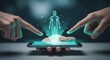 © fahim - Hands interacting with a human hologram projected from a smartphone on a neutral background