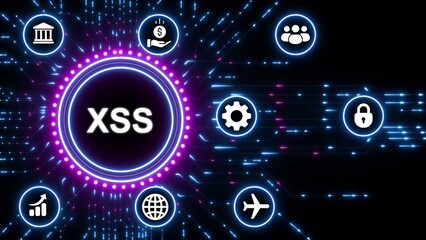 Cybersecurity concept XS attack represented by glowing neon circle and digital network icons