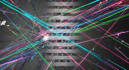 Canvas Print - Abstract Explosion of Colors Over US Flag lines streaks