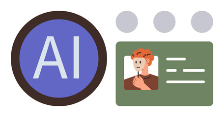 Circular AI logo next to an illustrated ID card with a person s profile picture and text. Ideal for technology, AI, digital ID, identity, profiles, innovation, authentication, and simple flat