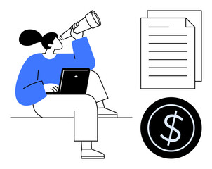 Wall Mural - Woman using a laptop and telescope alongside documents and a dollar sign to explore possibilities and financial ideas. Ideal for strategy, business, planning, finance, investment, vision, innovation