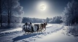 Magical winter sleigh ride through snowy landscape under bright moonlight for holiday or Christmas scene