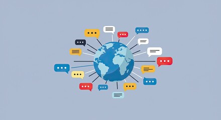 Global communication network concept featuring interconnected speech bubbles around a 3D world globe, representing worldwide conversations