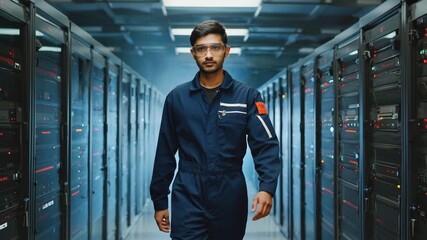Confident technician walking in modern server room maintaining data integrity with dynamic lighting and professional look for tech solutions videos