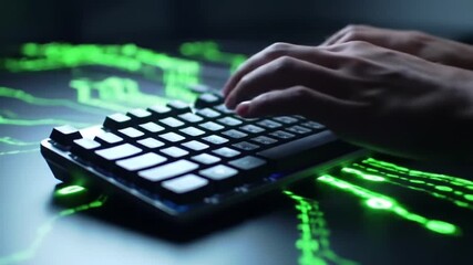 Hands typing on a keyboard with glowing green digital lines, illustrating data flow, coding, programming, and advanced technology concept.