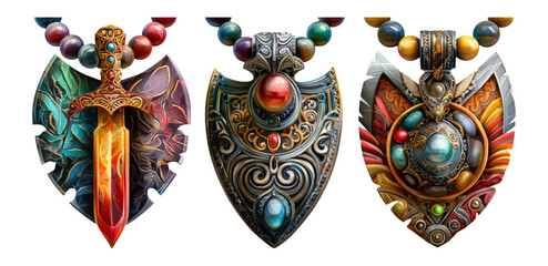 Colorful Fantasy Jewelry Pendants with Shields and Swords on Transparent Background