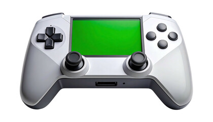 Modern video game controller with green screen display isolated on white background.