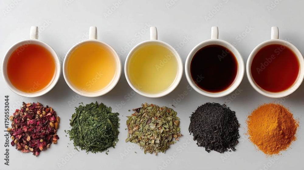 Types Tea Images Different types of tea displayed in white cups alongside various herbs ...