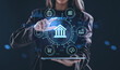 © ImageFlow - Digital banking concept with hologram interface showing finance icons and technology interaction on futuristic background in innovation context.