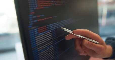 Person, hand and code with HTML on computer screen for software development, web design or hyperlinks at office. Programmer, review or app developer with pen for frontend UI or website cybersecurity