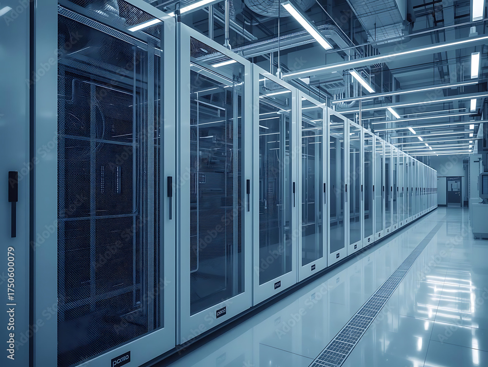 Cold data center corridor, server rack, blue lighting, clean floor ...