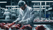 © Ky - Worker In Meat Processing plant cutting beef
