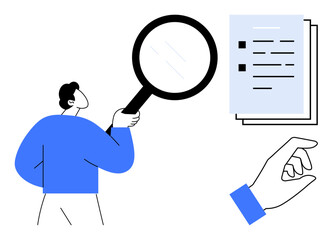 Wall Mural - Person holding magnifying glass inspecting checklist. Hand pointing at tasks. Ideal for analysis, organization, productivity, planning, research, accuracy process assessment. Simple flat metaphor