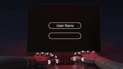Business robot AI work with laptop  key username and password are floating on screen