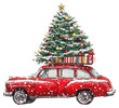 © Rawpixel.com - PNG A red vintage Christmas car christmas tree illustration.