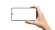 © muhammad - Hand holding a modern smartphone horizontally with a blank white screen, isolated on transparent background