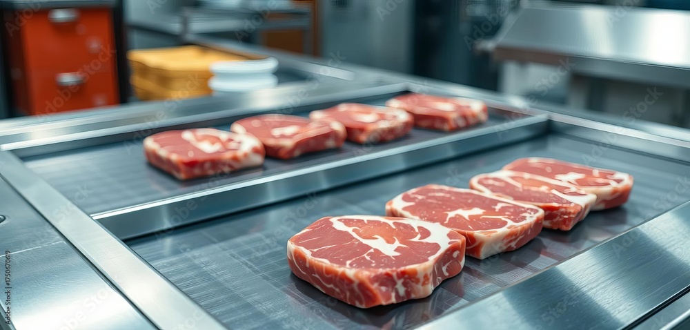 Sleek, raw steaks glide on a stainless steel conveyor belt, ready for ...