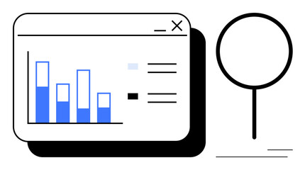 Wall Mural - Bar graph inside a computer window, black magnifying glass focusing on details. Ideal for analytics, research, statistics, data insights, business decisions, study education. Simple flat metaphor