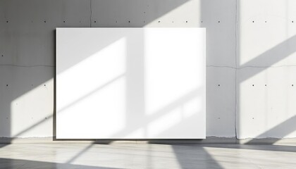 Wall Mural - Blank white poster mockup on concrete floor, harsh light, strong shadows, minimalist design,  modern,  wall
