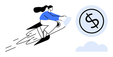 Wall Mural - Woman riding a fast-moving rocket towards a dollar sign in a blue circle amidst clouds. Ideal for business, finance, innovation, success, investment, entrepreneurship, motivation, simple flat