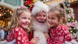 © Formoney - Two young girls smile brightly as they sit on Santa Clauss lap surrounded by holiday decorations. This cheerful interaction takes place in a lively festive setting.
