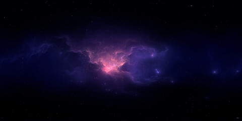 Wall Mural - 360 degree space nebula. Giant interstellar cloud with stars, equirectangular projection, environment map. Spherical panorama. 3D rendering, Fractal image